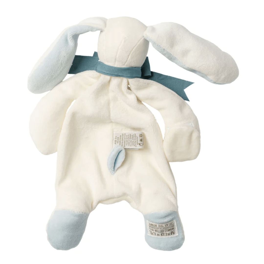 A Maud N Lil Organic Bunny Comforter with blue ribbon.