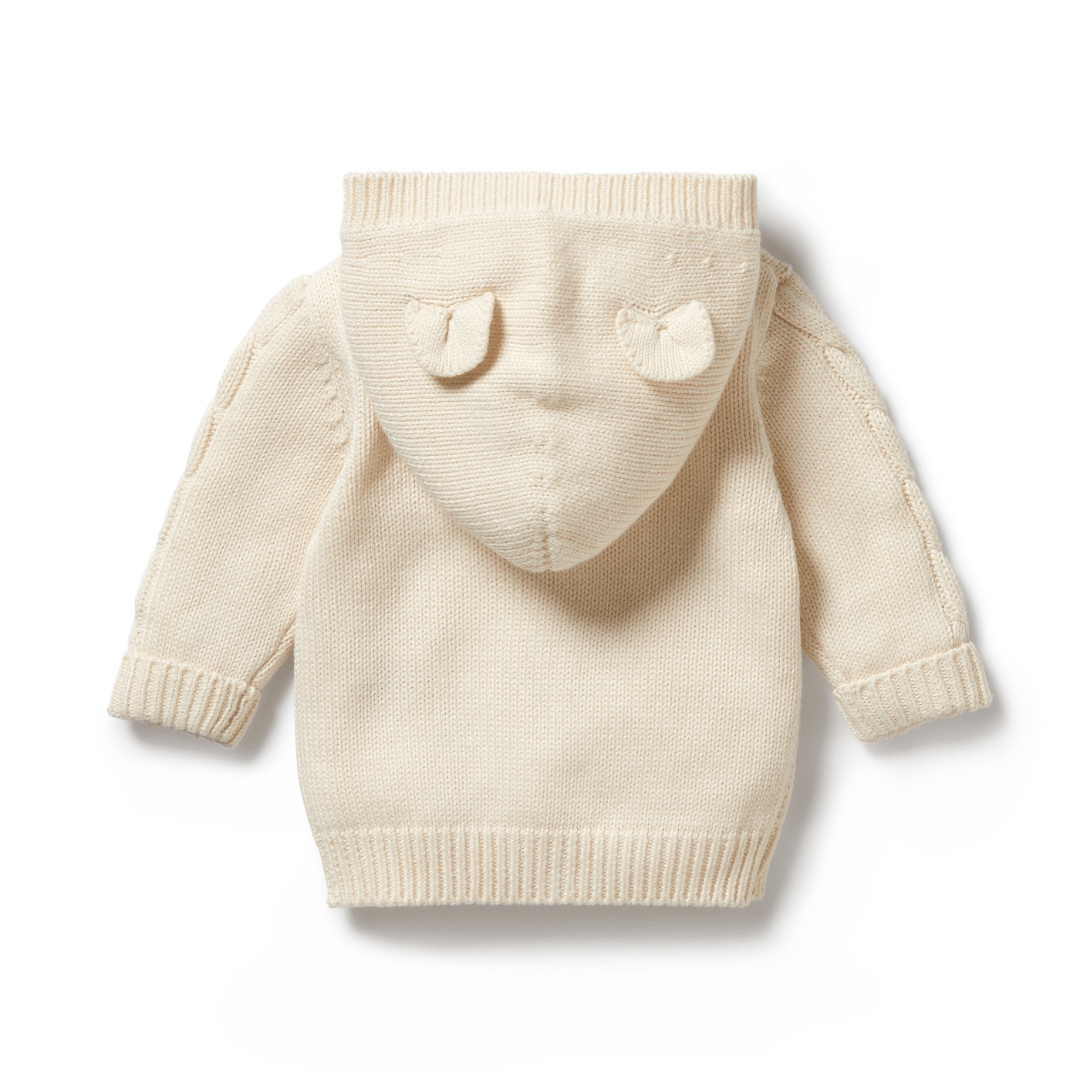 Wilson & Frenchy Cable Knit Hooded Jacket with heart-shaped elbow patches displayed on a white background, featuring sustainable packaging.