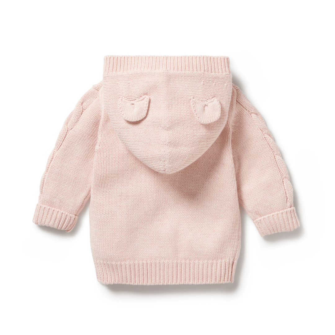 A pink Wilson & Frenchy Cable Knit Hooded Jacket with subtle owl features laid flat on a white background.