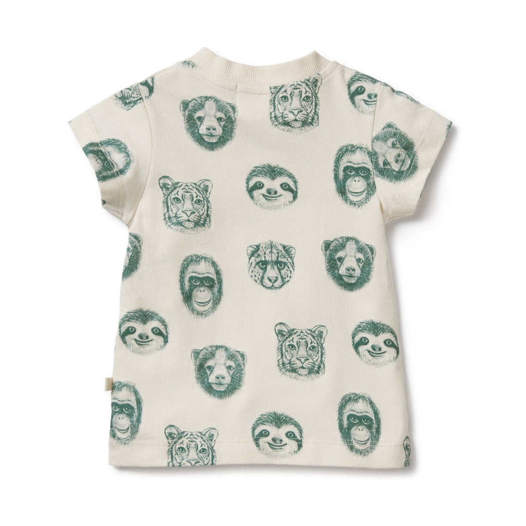 A Wilson & Frenchy Organic Tee - LUCKY LAST - HELLO JUNGLE - 0-3 MONTHS ONLY for babies featuring adorable sloths and bears. This soft and breathable t-shirt by Wilson & Frenchy is designed with a convenient side-neck button opening.
