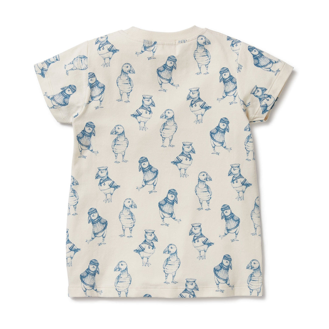 A cream-colored Wilson & Frenchy Organic Kids Tee with a blue owl print pattern in the LUCKY LAST - HELLO JUNGLE design, specifically for 4 years old.