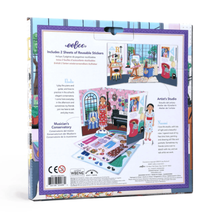 An eeBoo Paper Doll Set featuring an imaginative doll's house and room, adorned with electrostatic vinyl stickers for endless creative play.