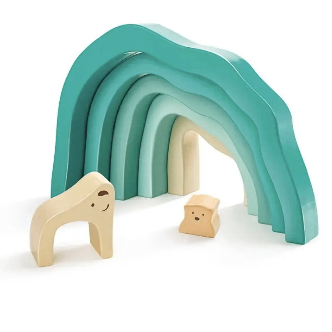 Blocks-Stacked-Into-Tunnel-For-Polar-Bears-Using-Hape-Stacking-Blocks-Arctic-Polar-Bear-Naked-Baby-Eco-Boutique