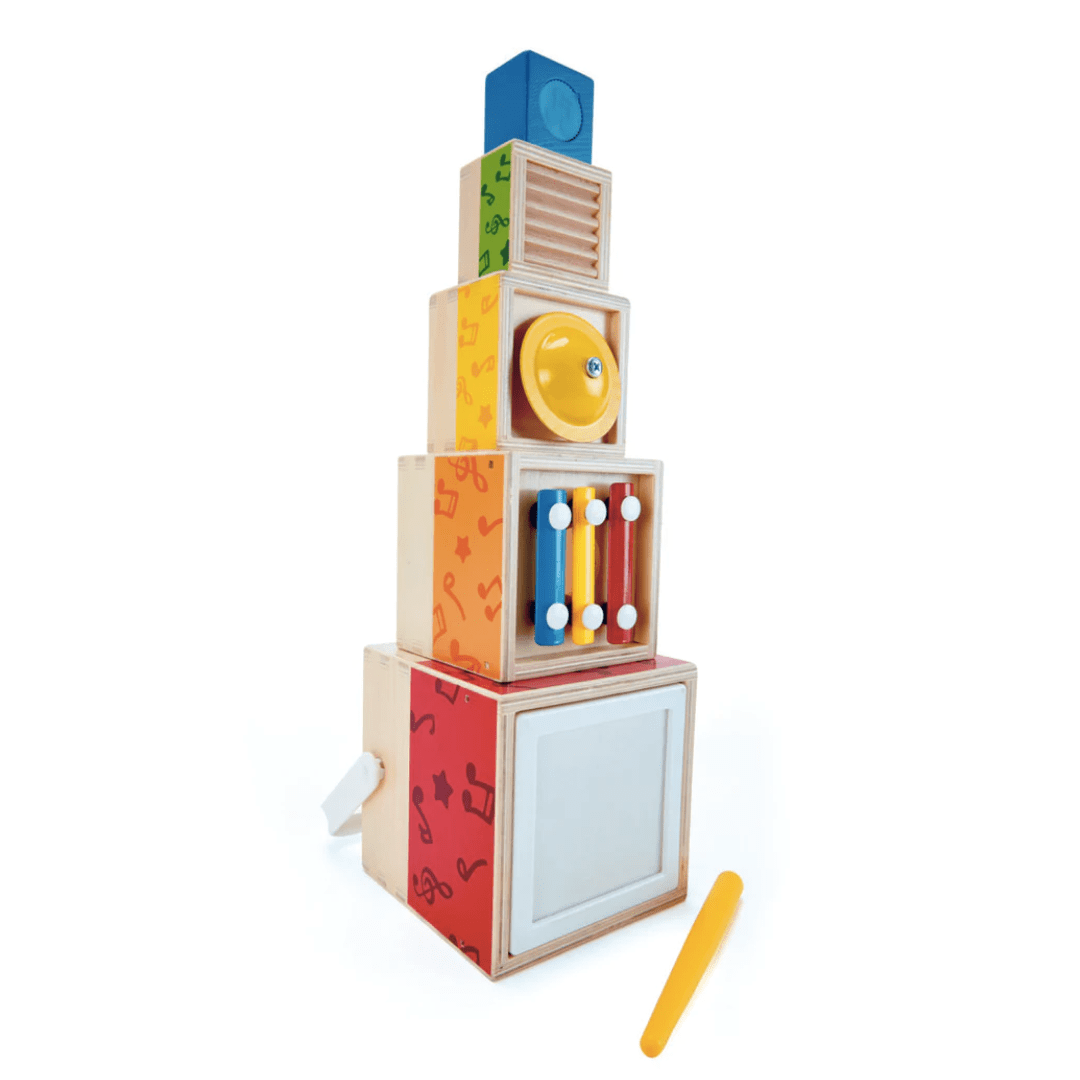 Introducing the Hape Stacking Music Set - a wooden toy tower that combines the joy of colorful blocks with the excitement of a musical instrument. This unique set not only engages children in creative play but also encourages musical exploration.