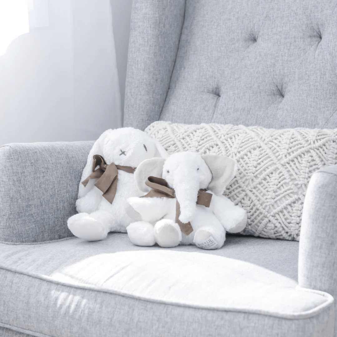 Bunny-On-Couch-With-Maud-N-Lil-Organic-Elephant-Soft-Toy-Naked-Baby-Eco-Boutique
