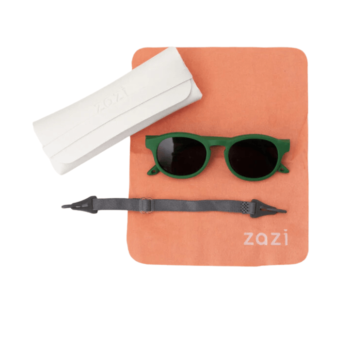 Zazi Shades Baby & Toddler Sunglasses, a pair of sunglasses with UV400 protection and polarized clarity, comes with a stylish pouch featuring the word zozi on it.
