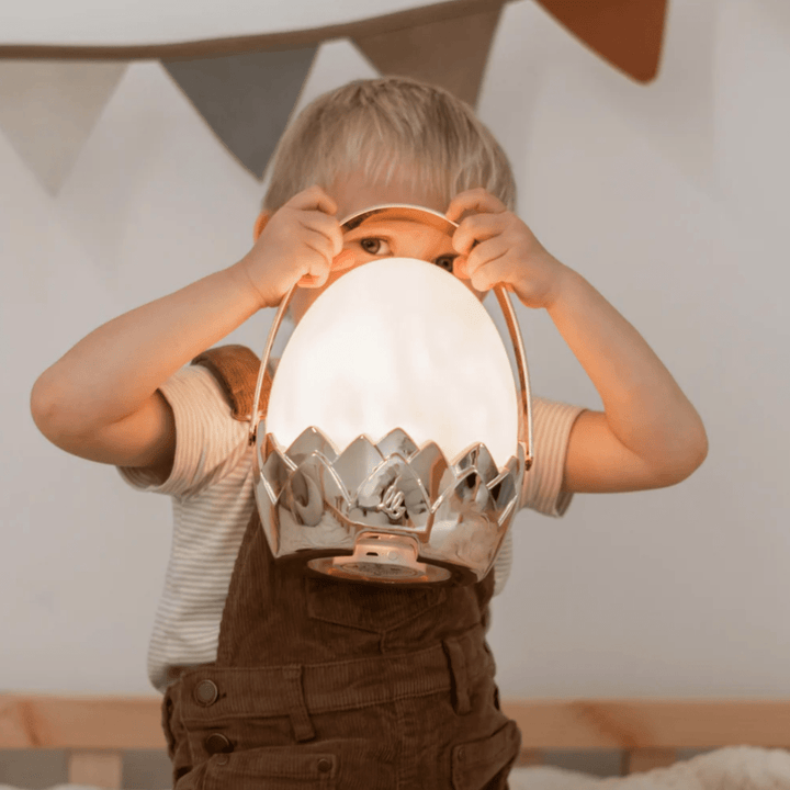 A little boy holding up a Little Belle Nightlights Dragon Egg Carry Lantern in a basket.