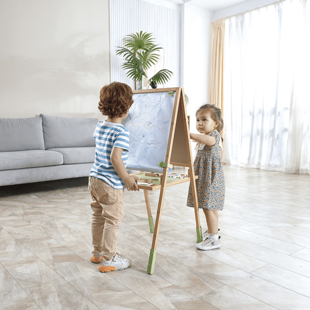 Children-Drawing-On-Either-Side-Of-Hape-Step-Up-Bamboo-Easel-Naked-Baby-Eco-Boutique