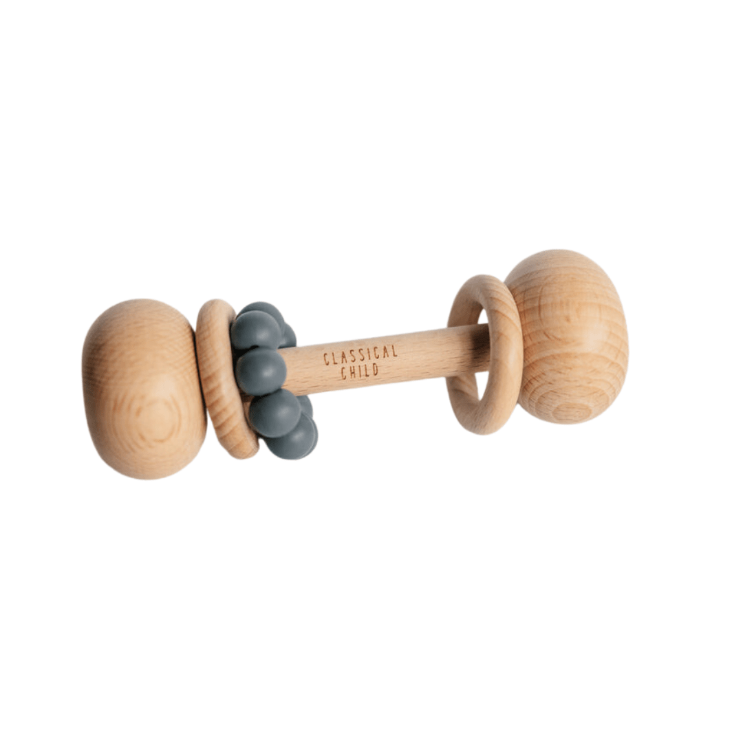 A Classical Child Beechwood & Silicone Baby Rattle with a beechwood handle.