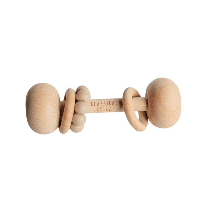 A Classical Child Beechwood & Silicone Baby Rattle with two wooden balls.