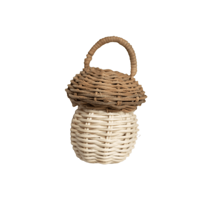 A Classical Child Rattan Rattle (Multiple Variants) with an acorn on it.