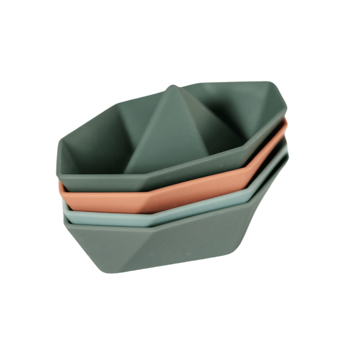 A set of three Classical Child Silicone Boats Bath Toys in green and pink colors, perfect as BPA-free bath toys.