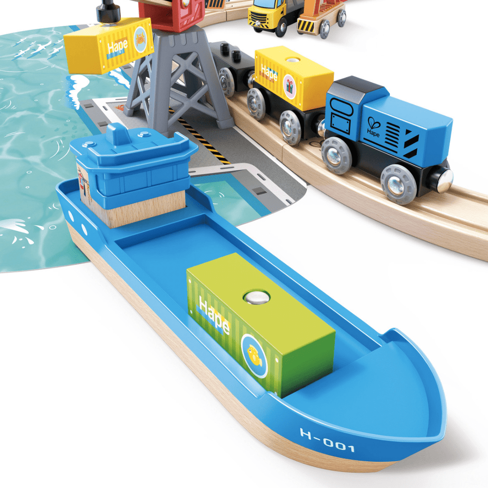 Close-Up-Of-Boat-In-Hape-Life-And-Load-Harbour-Train-Set-Naked-Baby-Eco-Boutique