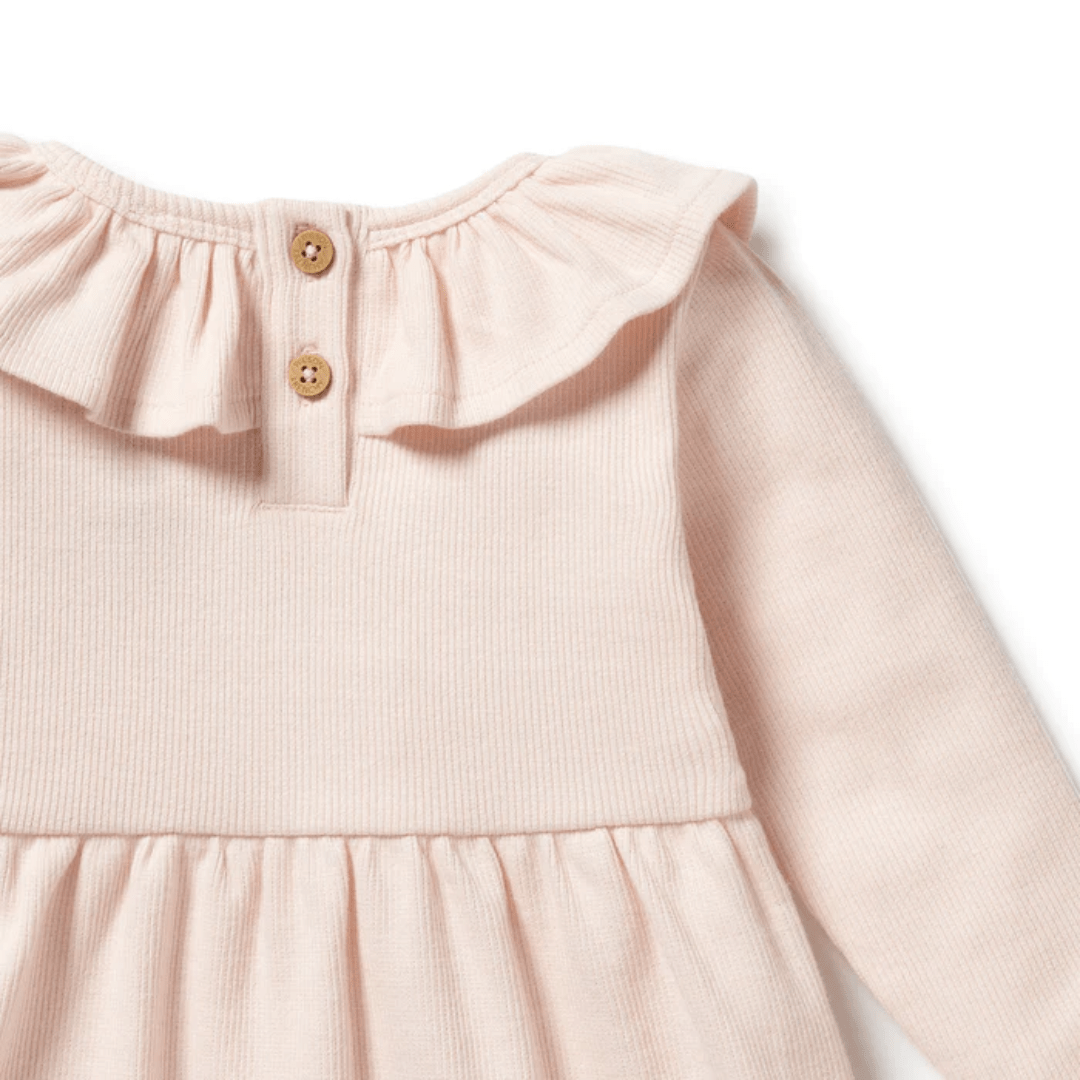 Close-Up-Of-Buttons-On-The-Back-Of-Wilson-And-Frenchy-Organic-Rib-Long-Sleeved-Ruffle-Dress-Naked-Baby-Eco-Boutique