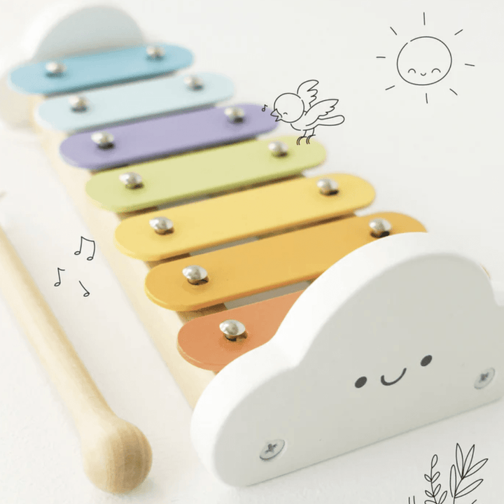 The Le Toy Van Xylophone With Metal Notes is an eco-friendly toy that promotes hand-eye coordination. With a beautiful rainbow cloud design, this wooden xylophone will delight children as they learn to play.