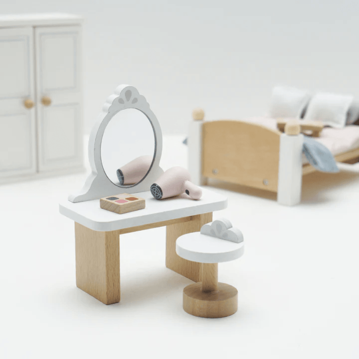 Close-Up-Of-Dresser-And-Stool-In-Le-Toy-Van-Daisylane-Master-Bedroom-Dollhouse-Furniture-Naked-Baby-Eco-Boutique
