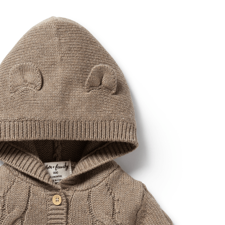 Wilson & Frenchy Cable Knit Hooded Jacket with bear ear details on white background.