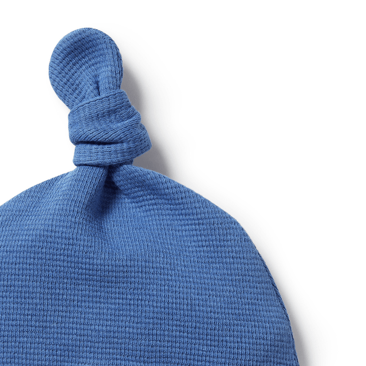 Close-Up-Of-Knot-On-Wilson-And-Frenchy-Organic-Waffle-Knot-Hat-Brilliant-Blue-Naked-Baby-Eco-Boutique