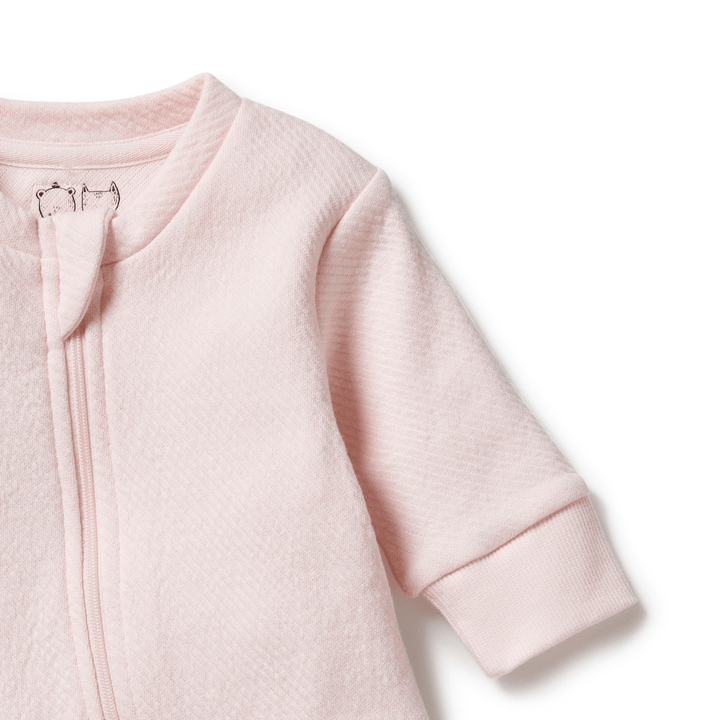 Close-Up-Of-Neck-And-Sleeve-On-Wilson-And-Frenchy-Organic-Quilted-Growsuit-Pink-Naked-Baby-Eco-Boutique
