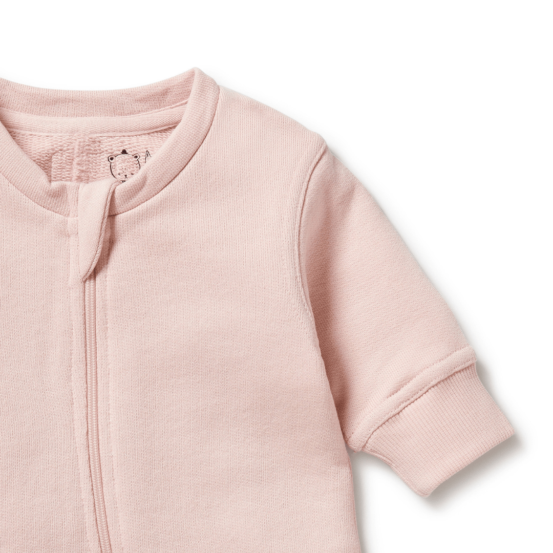 Close-Up-Of-Neck-And-Sleeve-On-Wilson-And-Frenchy-Organic-Terry-Growsuit-Rose-Naked-Baby-Eco-Boutique