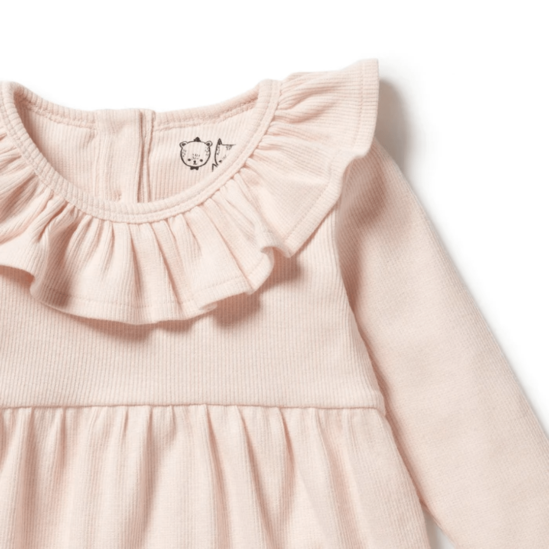 Close-Up-Of-Neck-Ruffle-On-Wilson-And-Frenchy-Organic-Rib-Long-Sleeved-Ruffle-Dress-Naked-Baby-Eco-Boutique