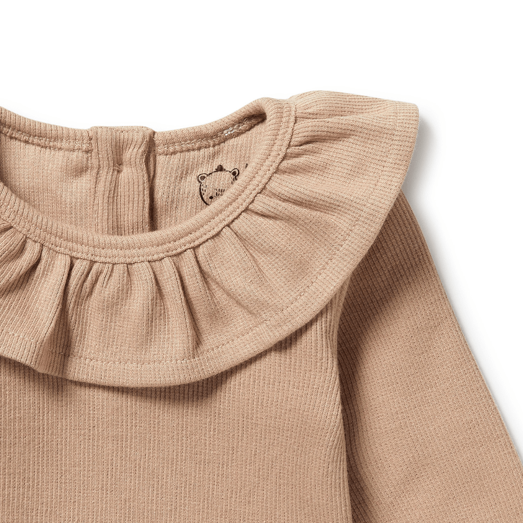 Close-Up-Of-Neck-Ruffle-On-Wilson-And-Frenchy-Organic-Rib-Ruffle-Top-Fawn-Naked-Baby-Eco-Boutique