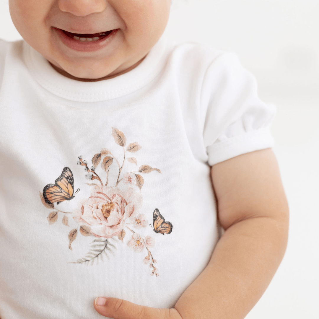 Close-Up-Of-Print-On-Aster-And-Oak-Organic-Cotton-Print-Top-Butterfly-Garden-Naked-Baby-Eco-Boutique
