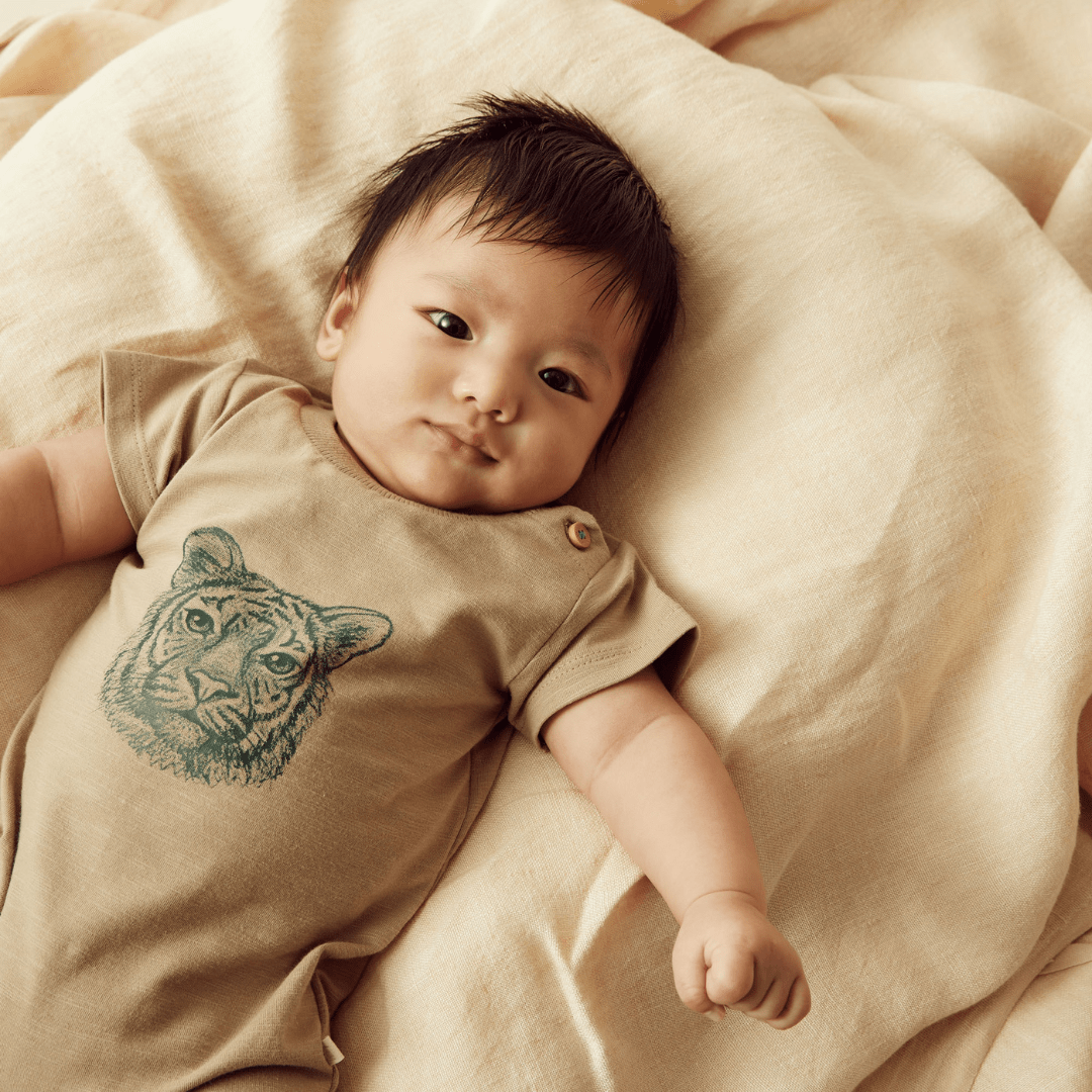 A baby wearing a Wilson & Frenchy Organic Leo the Lion Boyleg Growsuit - LUCKY LAST - 0-3 MONTHS ONLY is peacefully laying on a bed alongside a cuddly tiger.