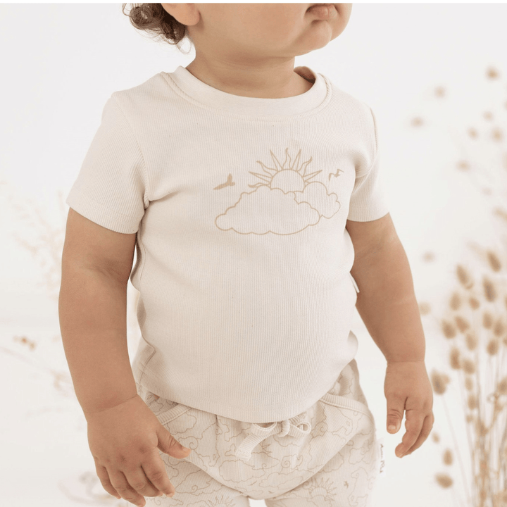Close-Up-Of-Print-On-Model-Aster-And-Oak-Organic-Cotton-Rib-Shorts-Cloud-Chaser-Naked-Baby-Eco-Boutique