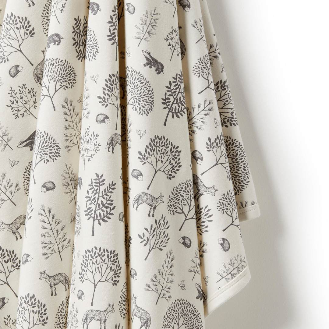 Close-Up-Of-Print-Wilson-And-Frenchy-Organic-Swaddle-Blanket-Woodland-Naked-Baby-Eco-Boutique
