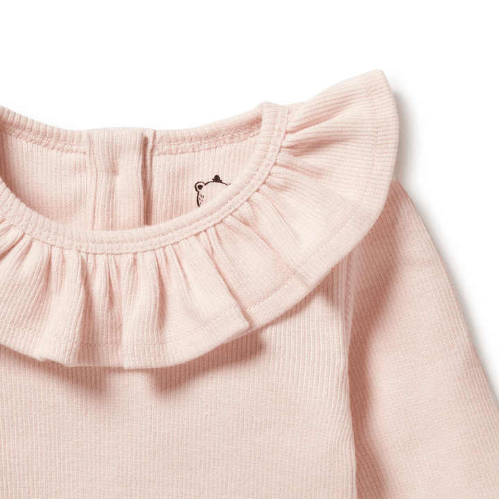 Close-Up-Of-Ruffle-Neck-On-Wilson-And-Frenchy-Organic-Rib-Ruffle-Top-Pink-Naked-Baby-Eco-Boutique