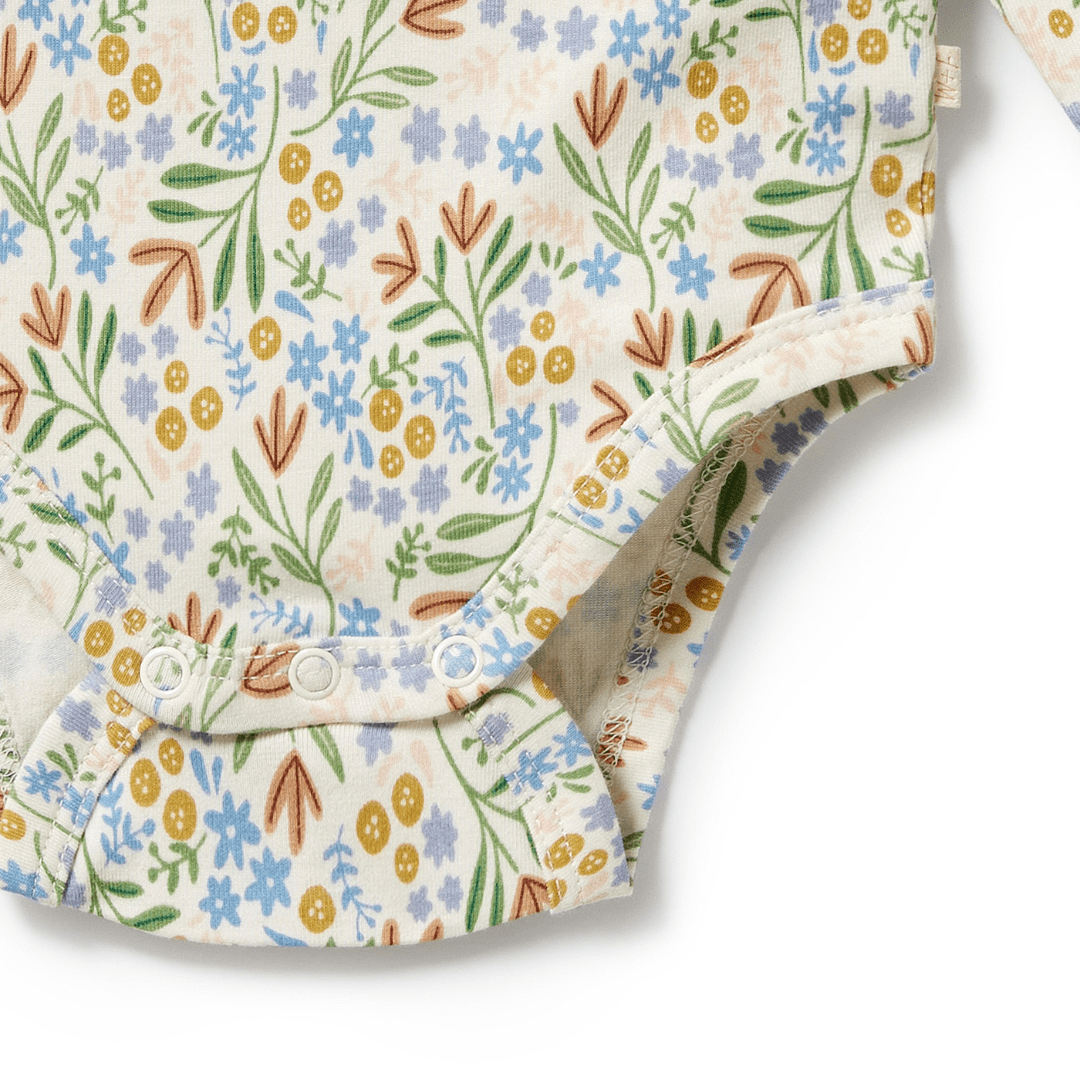 Close-Up-Of-Snaps-On-Wilson-And-Frenchy-Organic-Long-Sleeved-Onesie-Tinker-Floral-Naked-Baby-Eco-Boutique