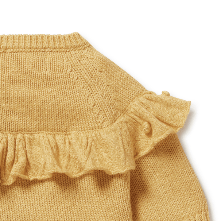 Close-Up-Of-The-Back-Of-Wilson-And-Frenchy-Knitted-Ruffle-Cardigan-Dijon-Naked-Baby-Eco-Boutique