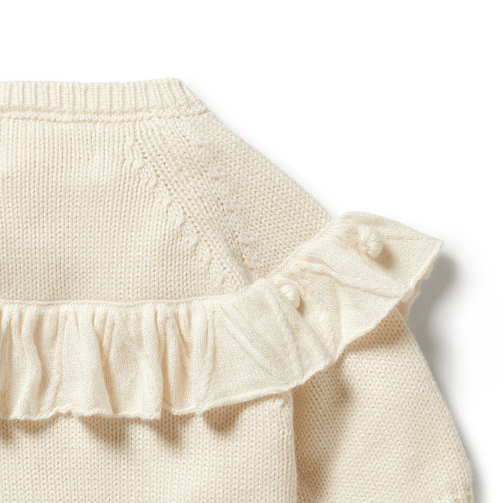 Close-Up-Of-The-Back-Of-Wilson-And-Frenchy-Knitted-Ruffle-Cardigan-Ecru-Naked-Baby-Eco-Boutique