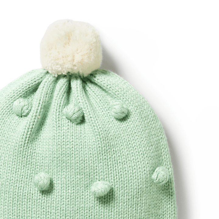 Close-Up-Of-Wilson-And-Frenchy-Knitted-Bauble-Hat-Mint-Green-Naked-Baby-Eco-Boutique
