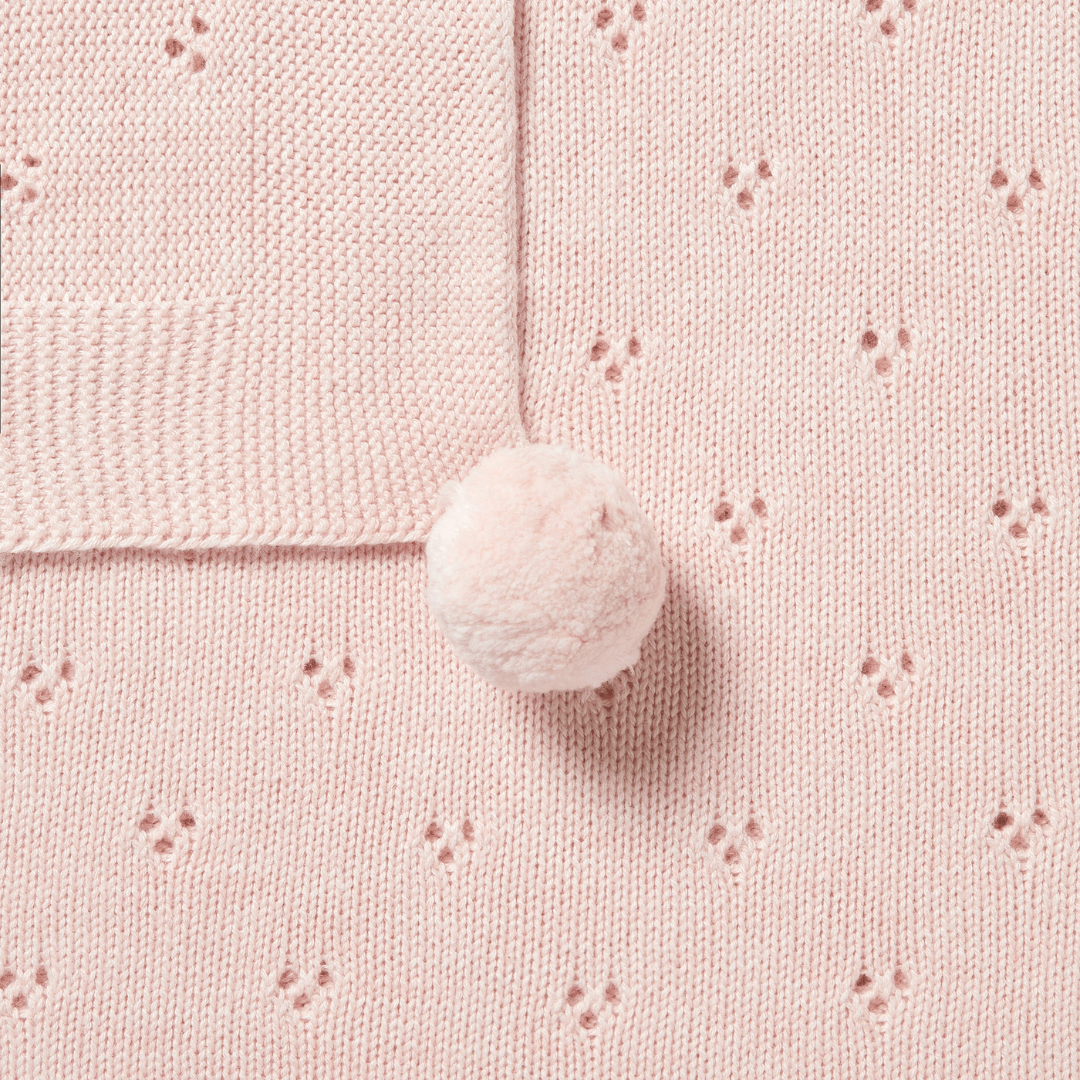 Close-Up-Of-Wilson-And-Frenchy-Knitted-Pointelle-Baby-Blanket-Pink-Naked-Baby-Eco-Boutique