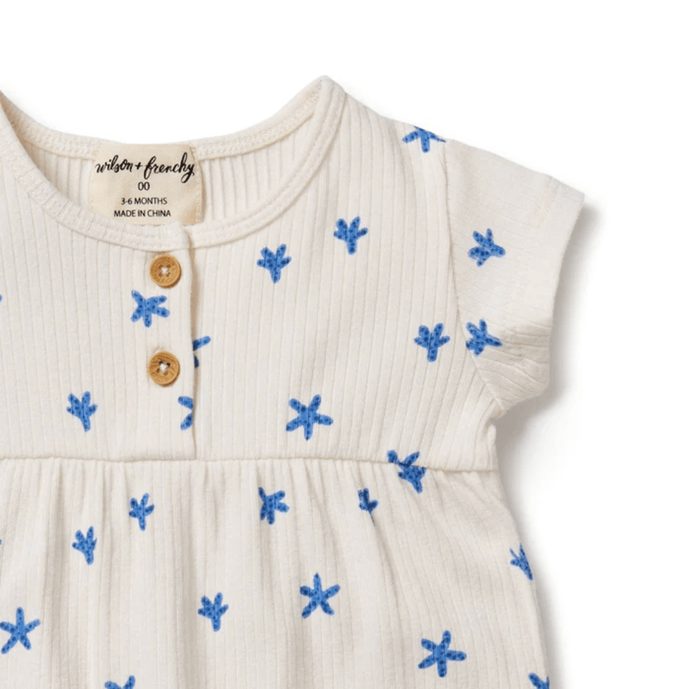 An adorable Wilson & Frenchy Little Starfish Organic Rib Playsuit adorned with blue stars, perfect for any special occasion.