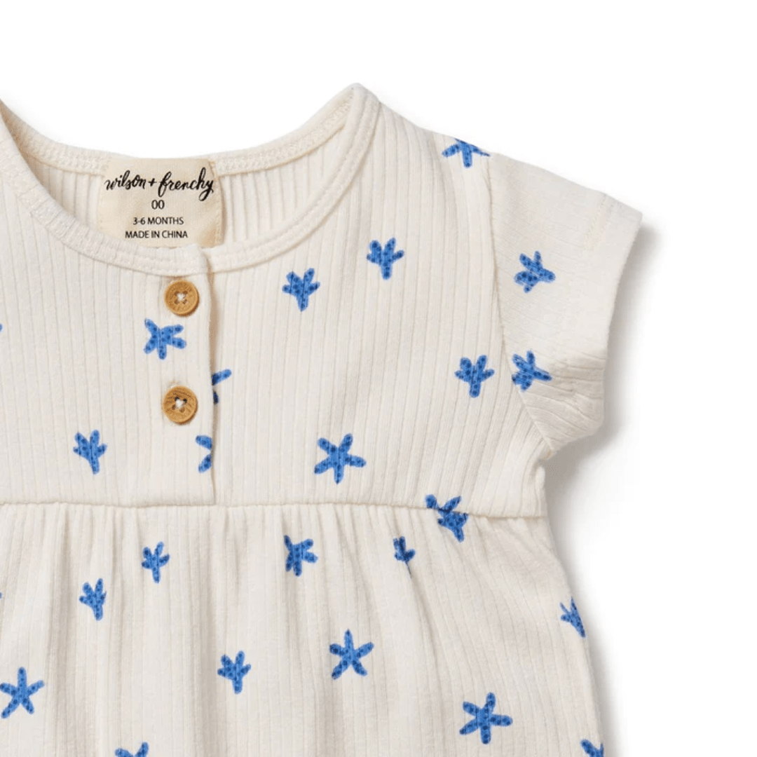 An adorable Wilson & Frenchy Little Starfish Organic Rib Playsuit adorned with blue stars, perfect for any special occasion.