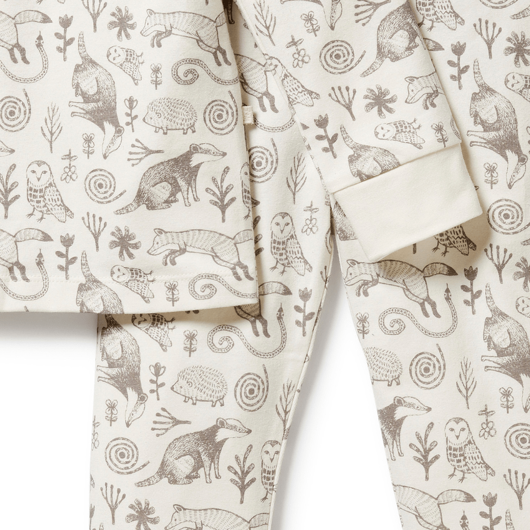 Close-Up-Of-Wilson-And-Frenchy-Organic-Long-Sleeved-Pyjamas-Tribal-Woods-Naked-Baby-Eco-Boutique
