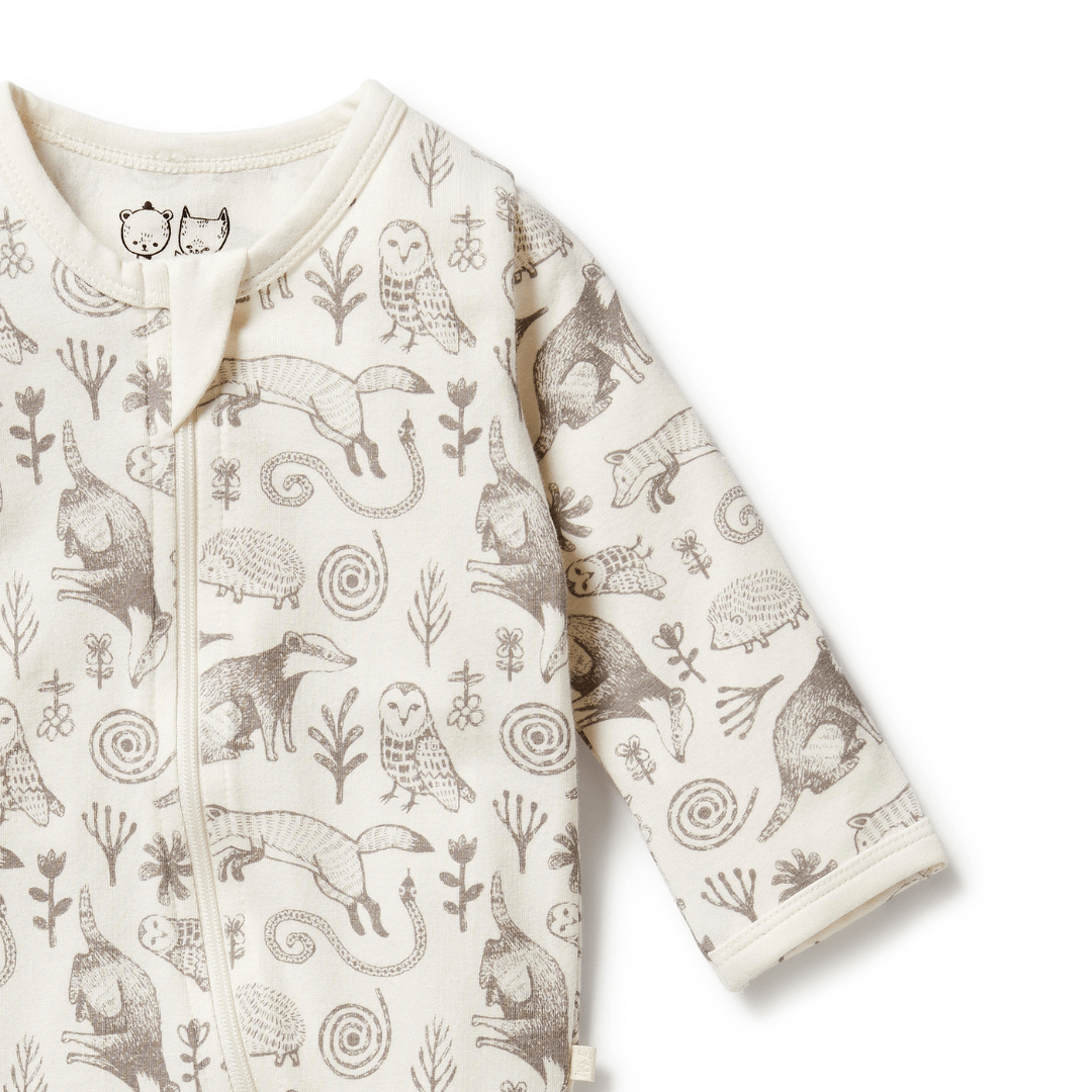 Close-Up-Of-Zip-And-Sleeve-On-Wilson-And-Frenchy-Organic-Pyjamas-Tribal-Woods-Naked-Baby-Eco-Boutique