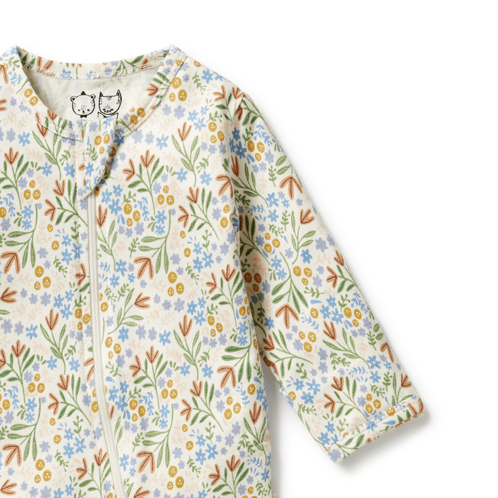 Close-Up-Of-Zip-And-Sleeve-Wilson-And-Frenchy-Organic-Pyjamas-Tinker-Floral-Naked-Baby-Eco-Boutique