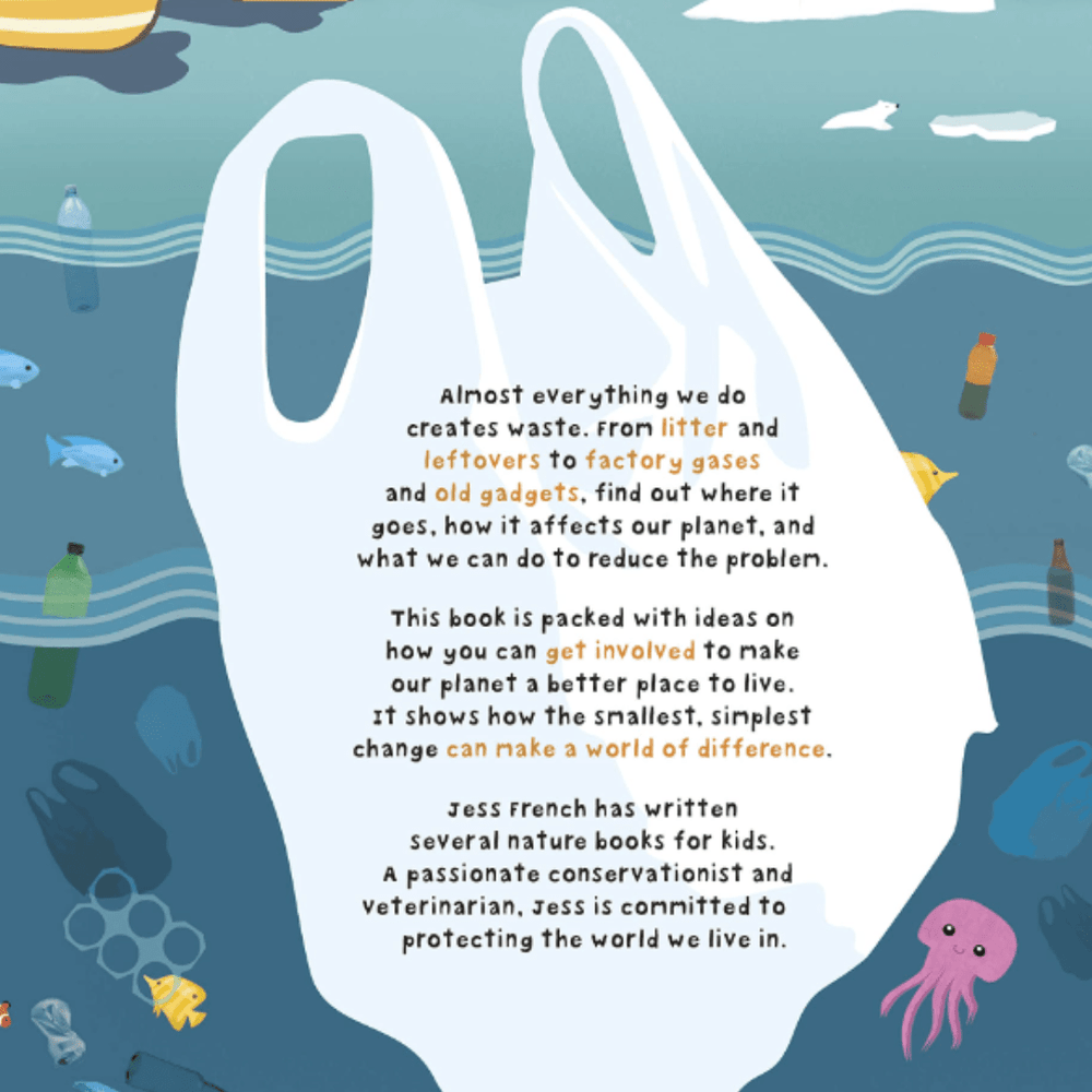 A "What A Waste" book by DK Children highlighting the environmental pollution caused by plastic bags in the ocean.