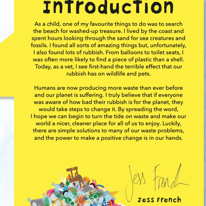 A yellow "What A Waste" book with a picture of a pile of trash that highlights pollution, published by DK Children.