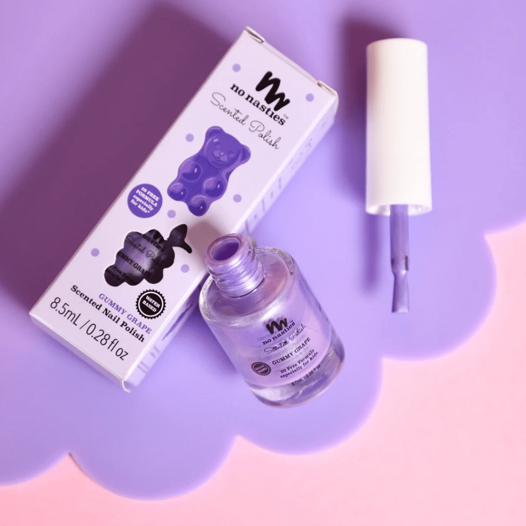 A bottle of No Nasties 20 FREE Kids Scented Nail Polish (Multiple Variants) with a teddy bear on it.