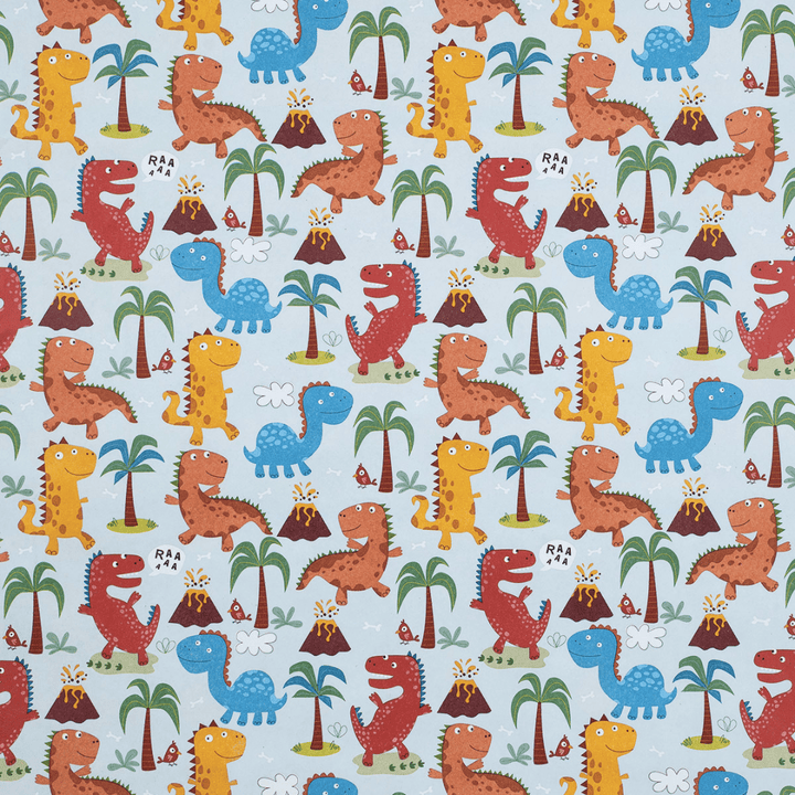A vibrant dinosaur fabric with palm trees, perfect for wrapin greeting cards and wrapin gift wrap.