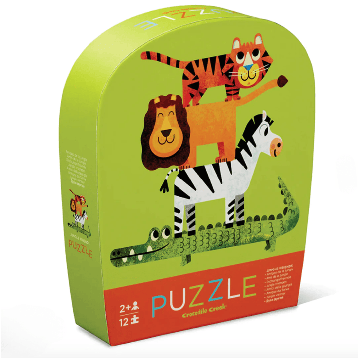 A Crocodile Creek 12-Piece Mini Puzzle featuring a giraffe, zebra, and crocodile designed for toddlers by Crocodile Creek.