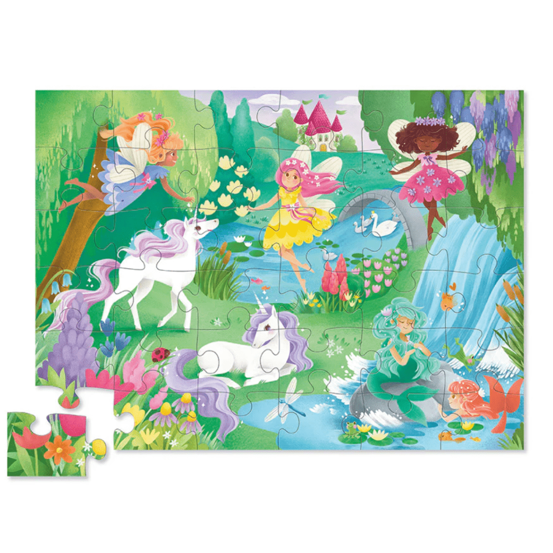 A Crocodile Creek 36-Piece Floor Puzzle featuring fairies and unicorns.