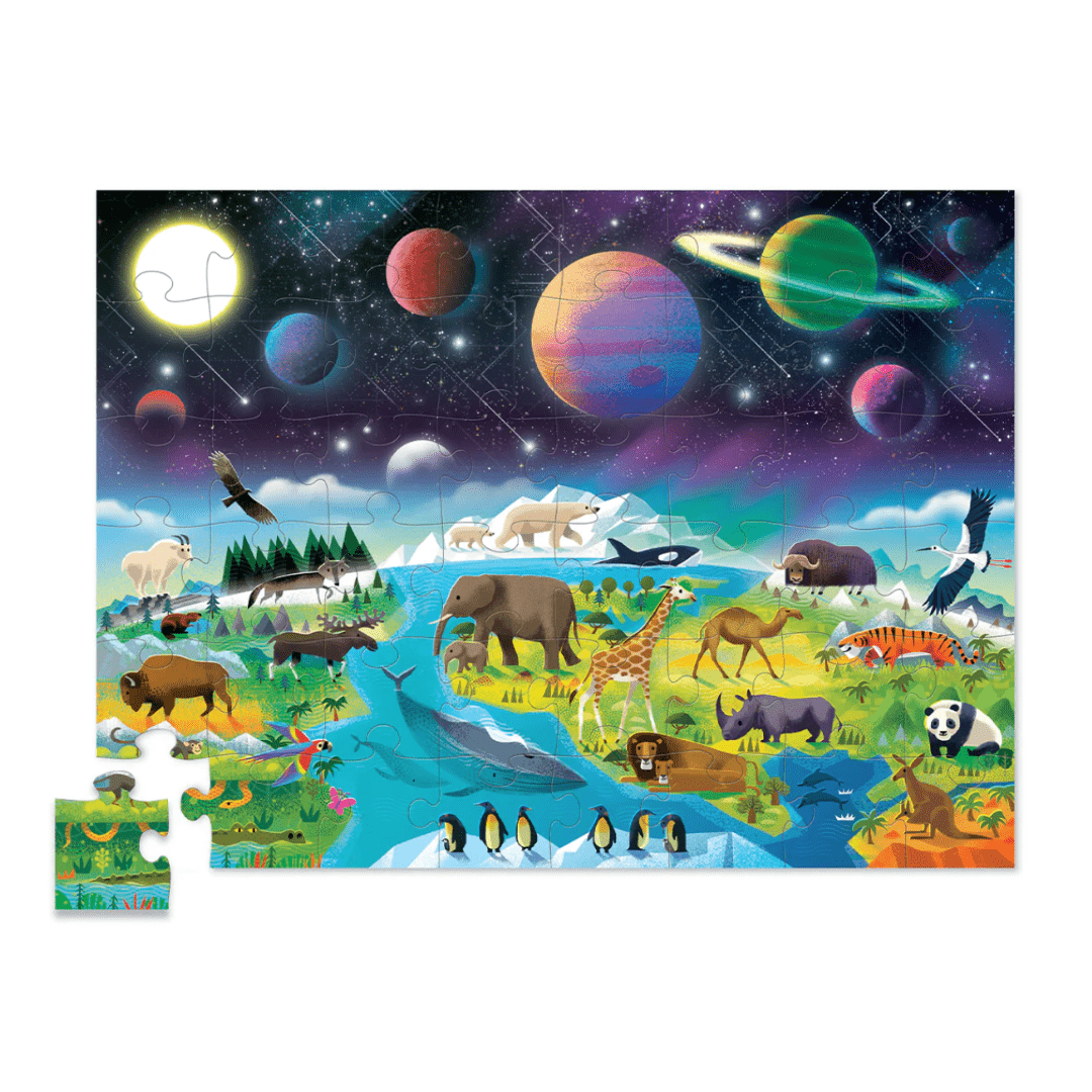 A Crocodile Creek 48-Piece Floor Puzzle - Opposites (Multiple Variants) featuring animals and planets.