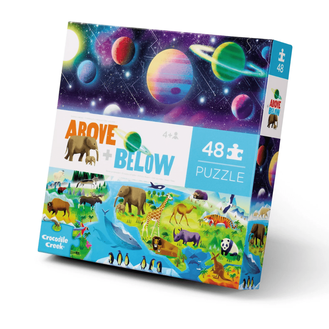 An educational Crocodile Creek 48-Piece Floor Puzzle - Opposites (Multiple Variants) featuring animals and planets.