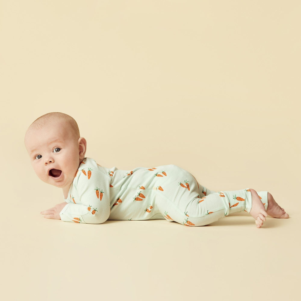 A little Wilson & Frenchy Organic Baby Easter Pyjamas bundle is laying on the ground in a green pajama.